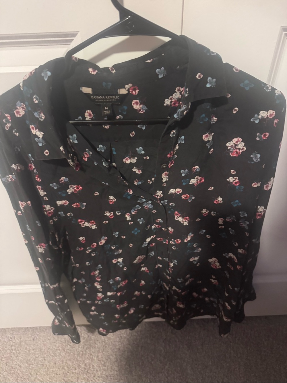 Banana Republic Black Floral Button-Down Shirt with Pink & Blue Flowers